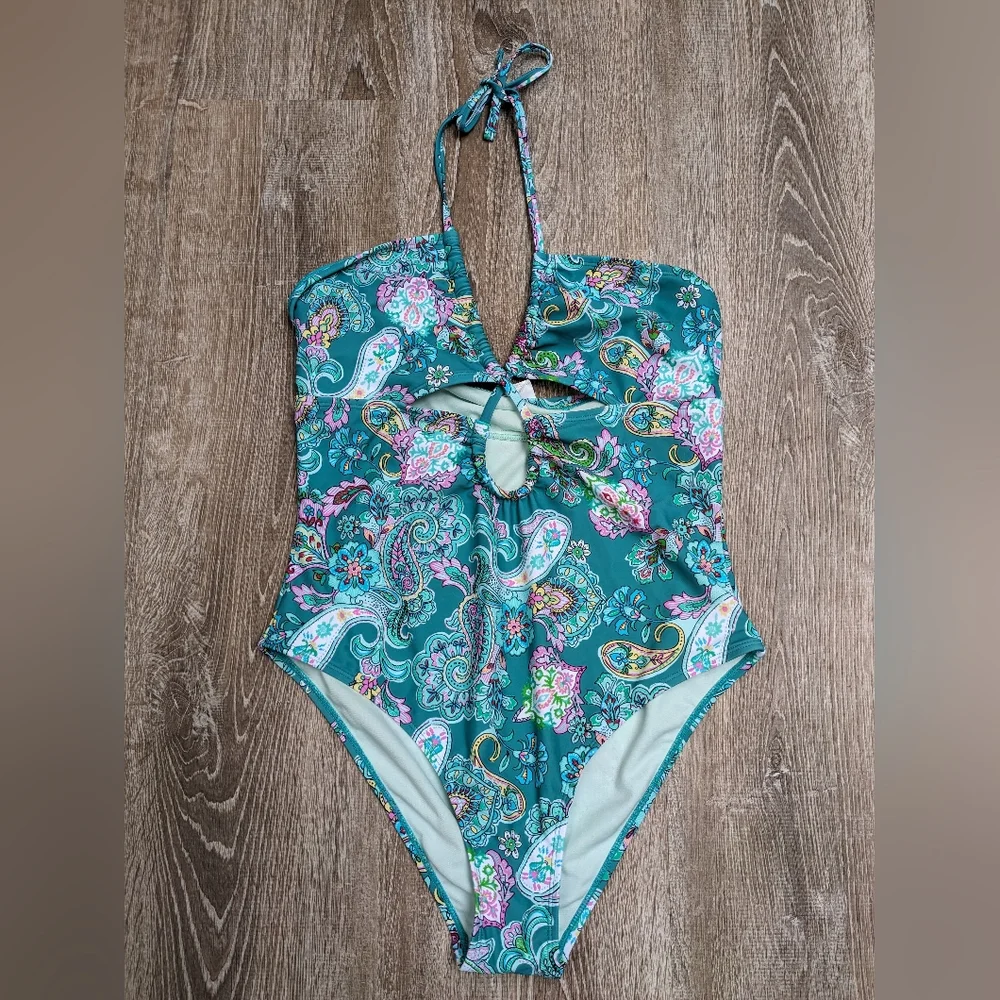 NWT Cupshe Blue Paisley Cut Out Halter Top One Piece Swimsuit Size Large